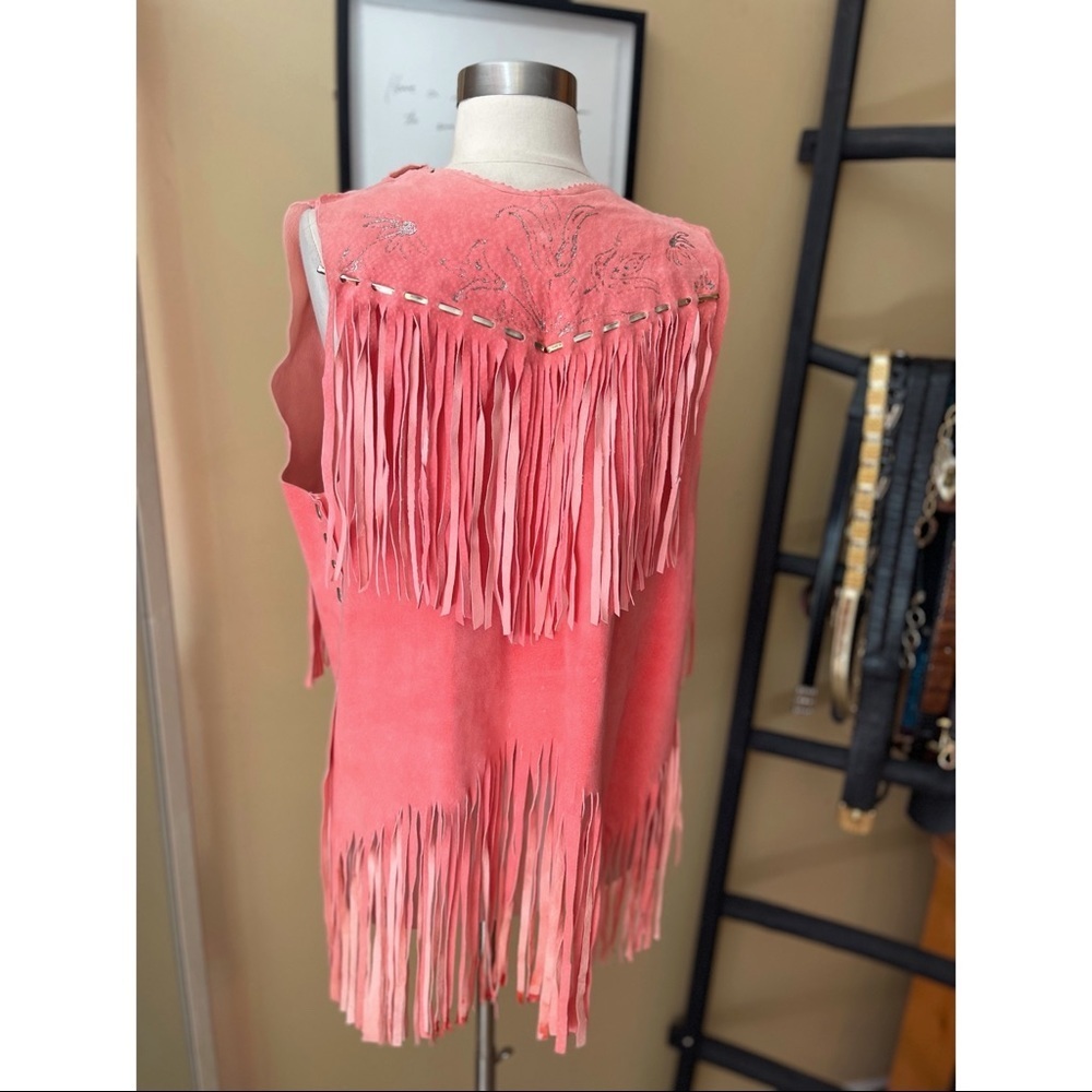 VINTAGE HANDMADE pink fringe vest w/floral detailing sz S/M
